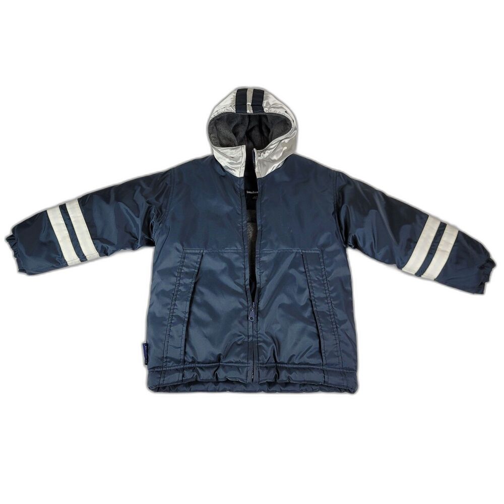London Fog Youth Winter Coat -Navy Blue -White Stripes -Metallic. Size: Youth L
